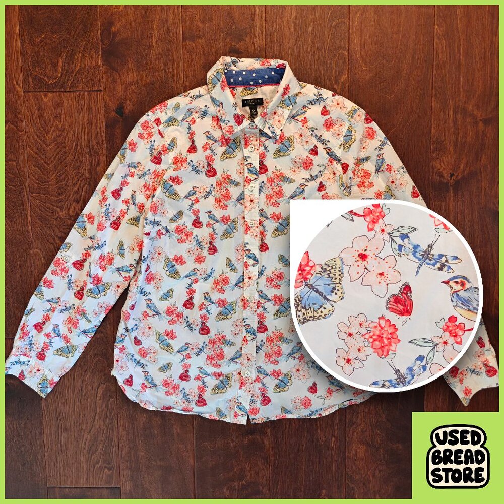 Womens 10 Petite 100% Cotton Floral Bird Butterfly Print Talbots Button Up Multi